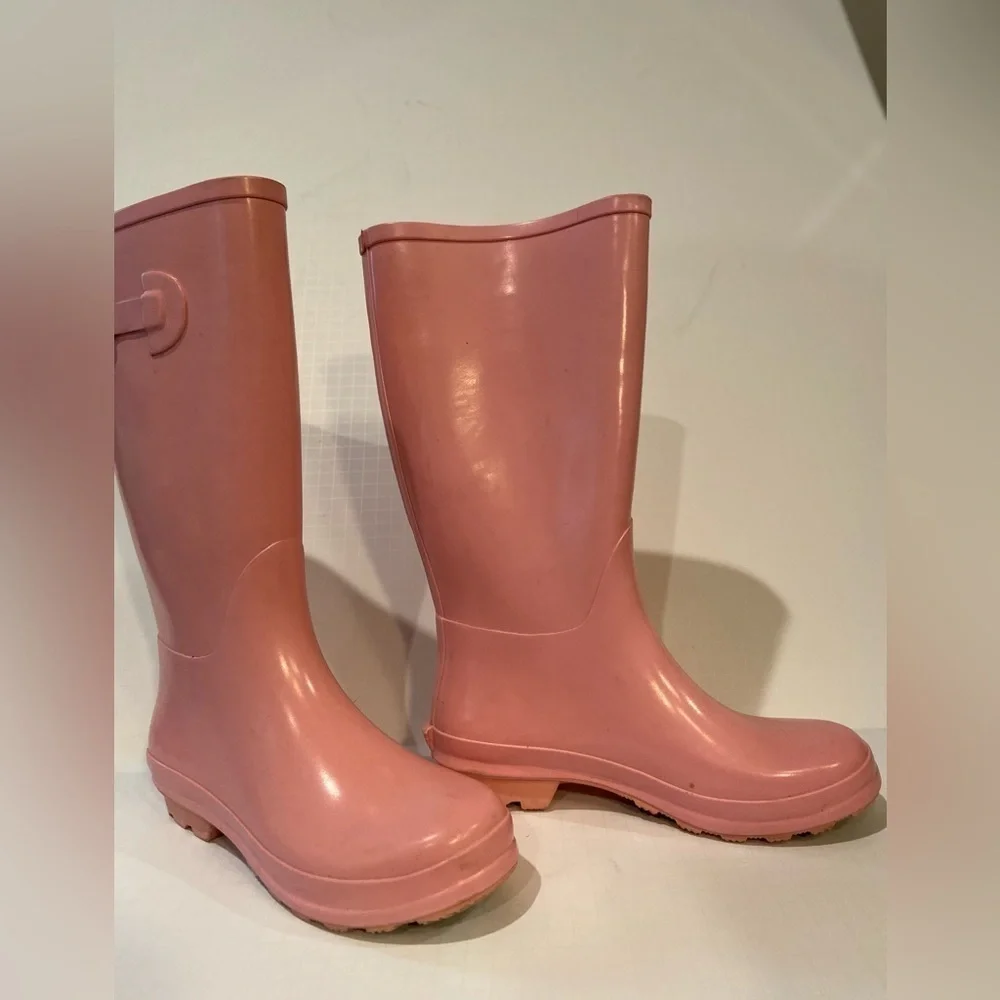 Stylish Light Pink Waterproof Knee High Rubber Rain Boots~Side Buckle Accent